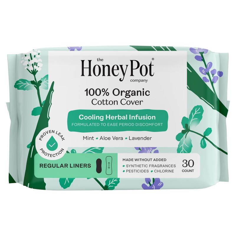 The Honey Pot Cooling Herbal Infusion 100% Organic Cotton Cover Regular Liners, 30 count