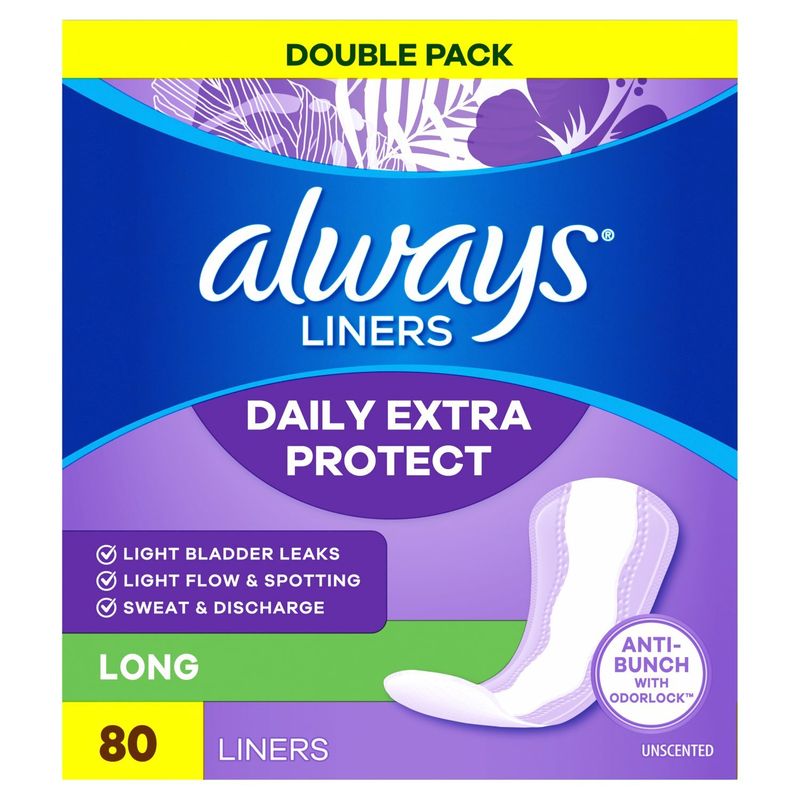 Always Daily Extra Protect Liners, Long Length Length, Unscented Panty Liners, 80 Count