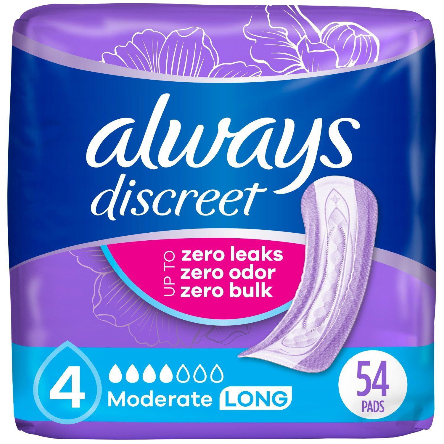 Always Discreet Moderate Long Pads, 54 count