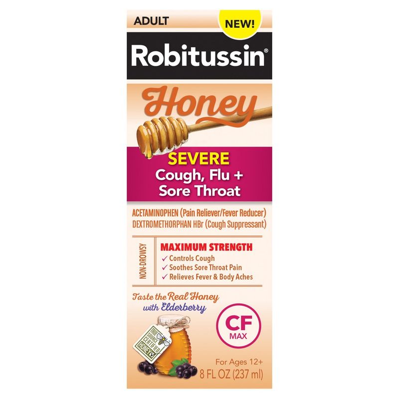 Robitussin Honey CF Max Day Adult Syrup for Severe Cough, Sore Throat, &amp; Flu with Real Honey, 8 oz