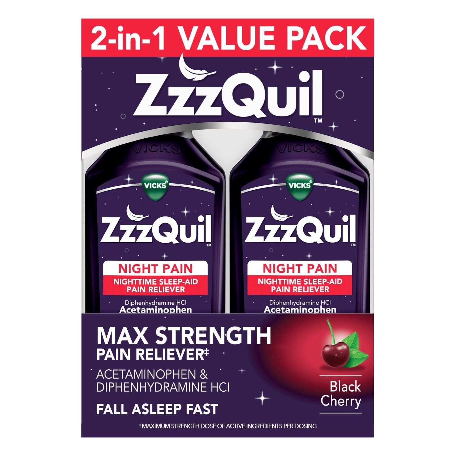ZzzQuil Liquid Max Strength Pain Reliever, Nighttime Sleep Aid Liquid, Acetaminophen 1000mg, Diphen