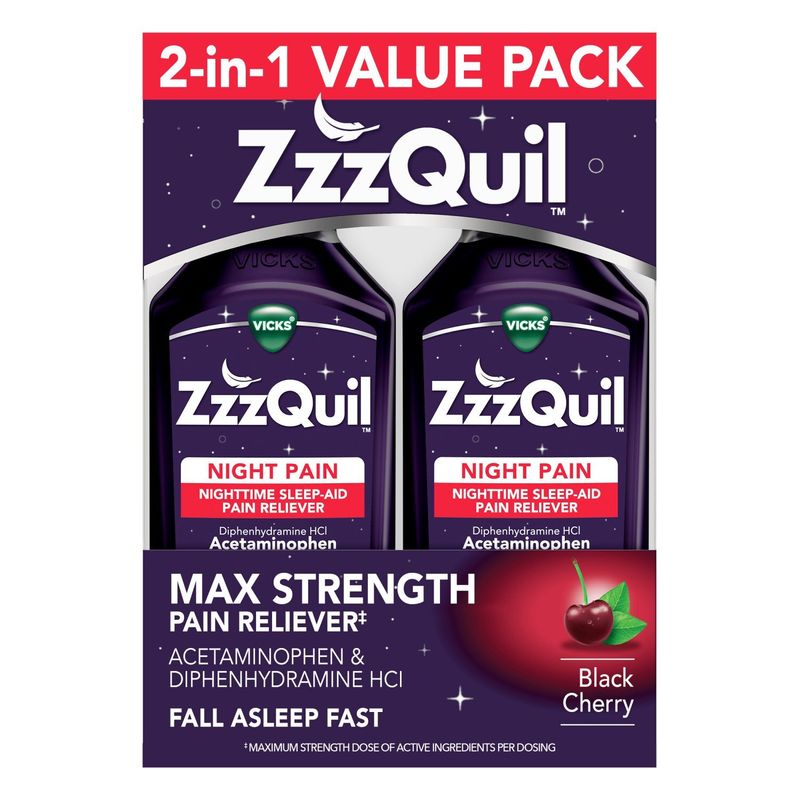 ZzzQuil Liquid Max Strength Pain Reliever, Nighttime Sleep Aid Liquid, Acetaminophen 1000mg, Diphen