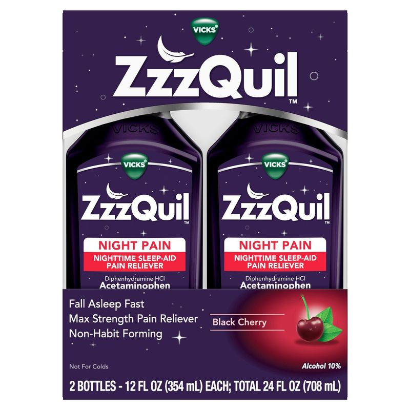ZzzQuil Liquid Max Strength Pain Reliever, Nighttime Sleep Aid Liquid, Acetaminophen 1000mg, Diphen