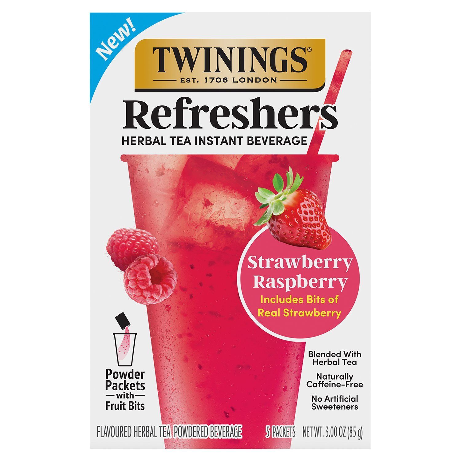 Twinings Refreshers Strawberry Raspberry Flavoured Herbal Tea Powdered Beverage, 5 count, 3.00 oz