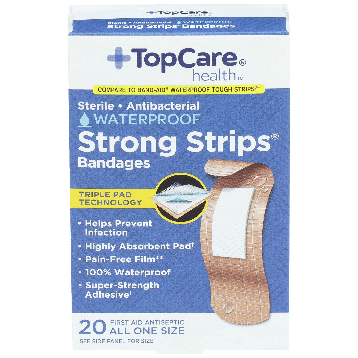 TopCare Waterproof Antibacterial Bandage Strips, 20 each