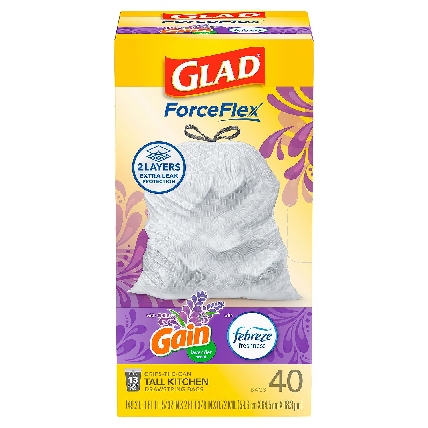 Glad ForceFlex Lavender Scent Tall Kitchen Drawstring Bags, 40 count