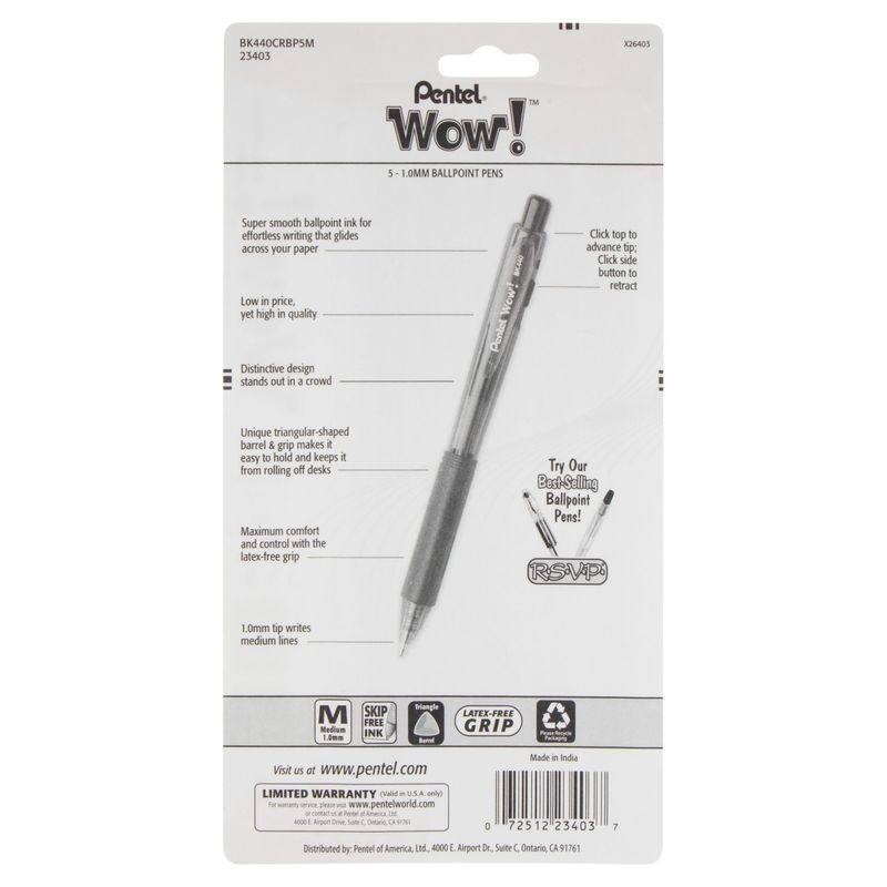 Pentel Wow! Medium 1.0mm Ballpoint Pens, 5 count