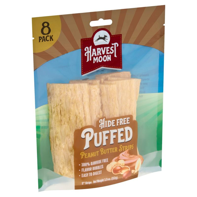 Harvest Moon 5" Hide Free Puffed Peanut Butter Strips Dog Chews, 8 count, 3.9 oz