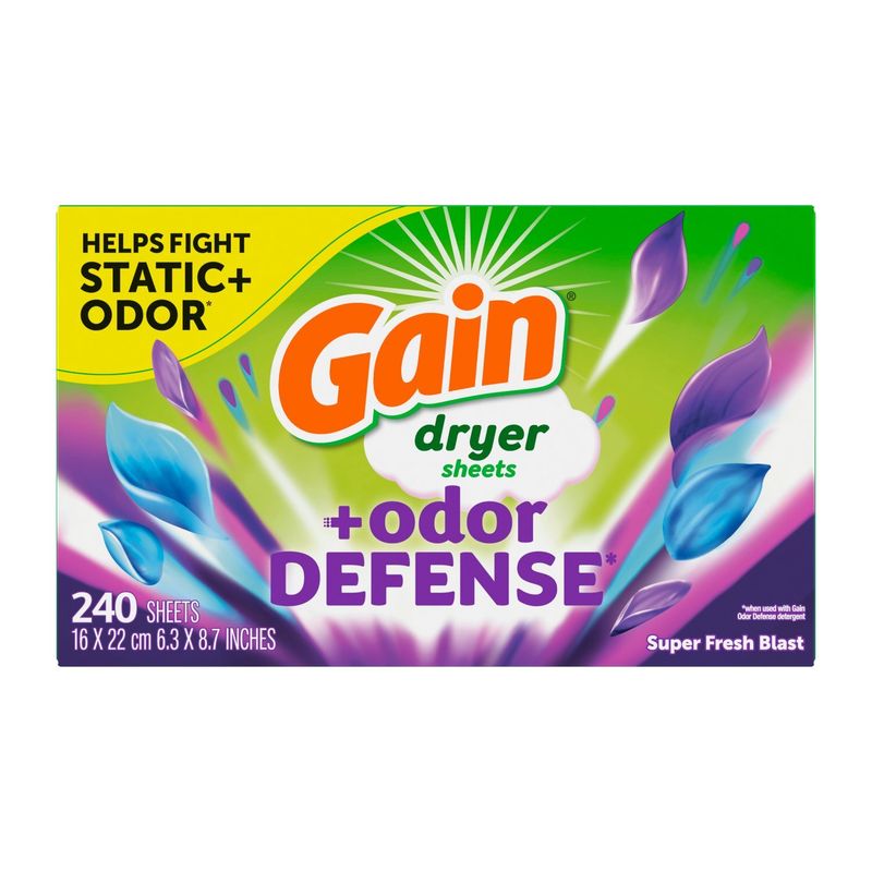 Gain Dryer Sheets Plus Odor Defense, Super Fresh Blast Scent, 240 Count, Helps fight static and odo