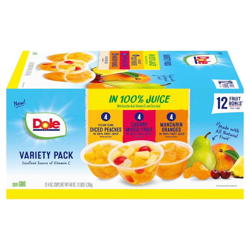 Dole Fruit Bowls in 100% Fruit Juice Variety Pack, 4 oz, 12 count