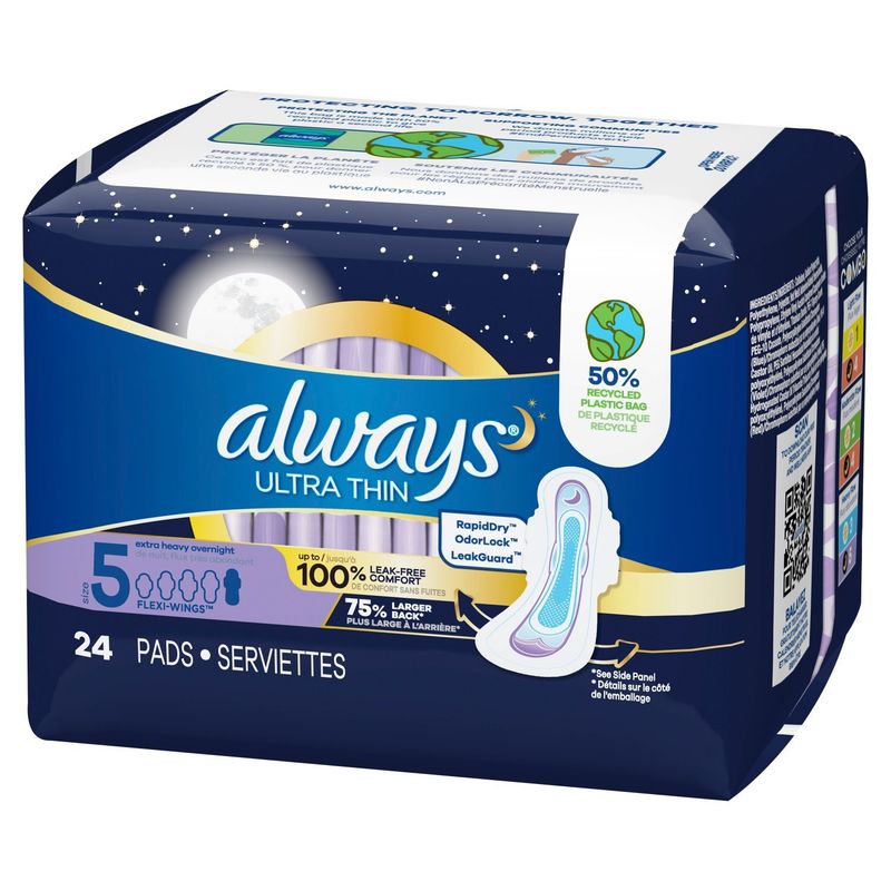 Always Ultra Thin Extra Heavy Overnight Flexi-Wings Pads, Size 5, 24 count