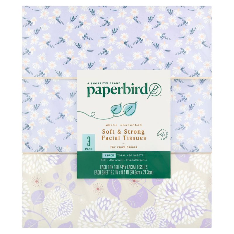 Paperbird White Unscented Soft &amp; Strong Facial Tissues, 3 count