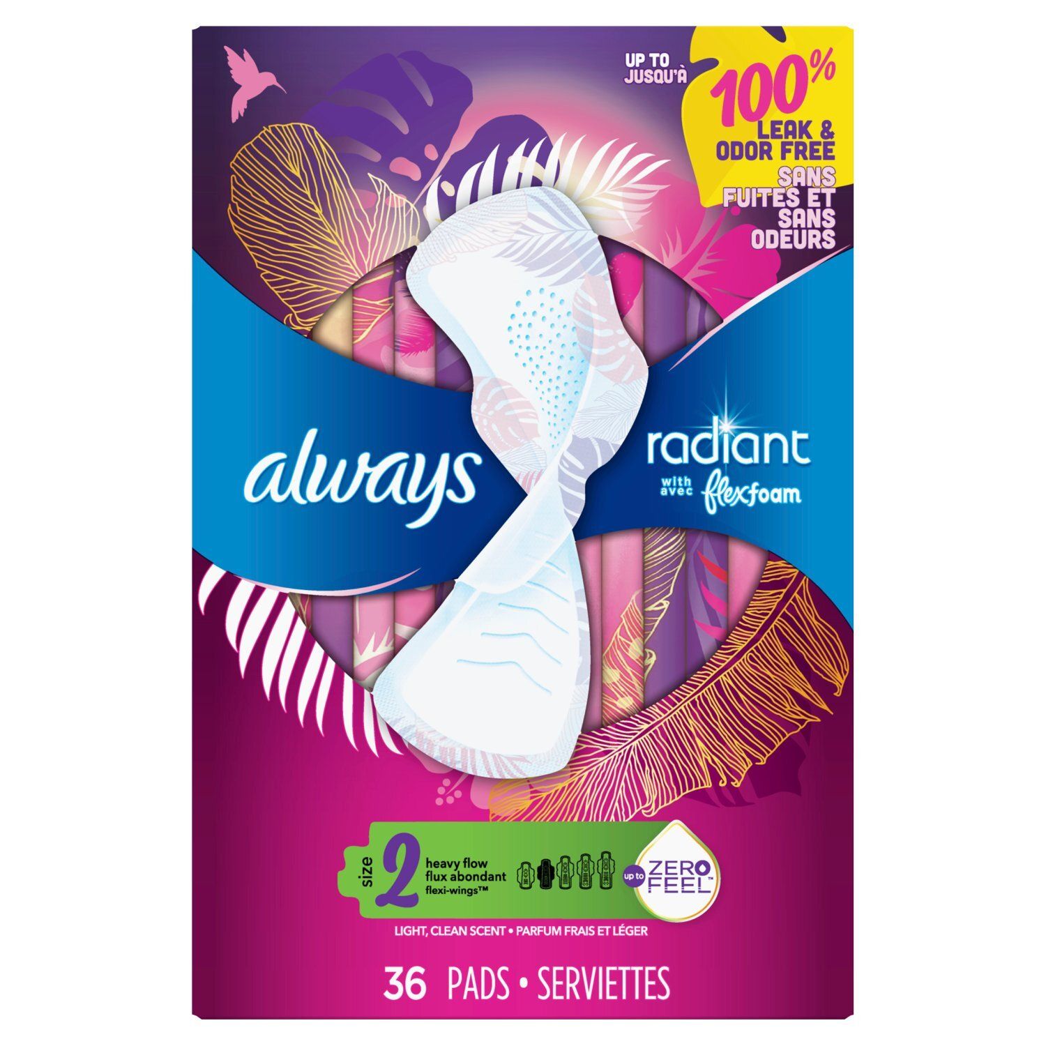 Always Radiant Light, Clean Scent Heavy Flow Flexi-Wings Pads, Size 2, 36 count