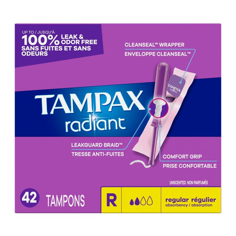 Tampax Radiant Tampons, with LeakGuard Braid, Regular Absorbency, Unscented, 42 Count
