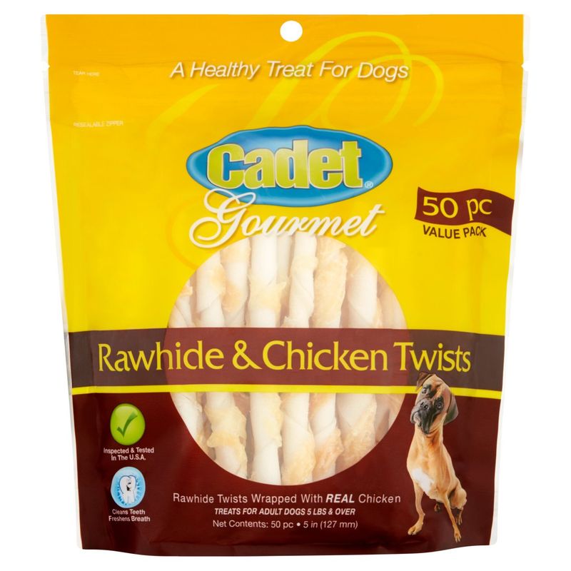 Cadet Gourmet Rawhide &amp; Chicken Twists Treat for Dogs Value Pack, 50 count