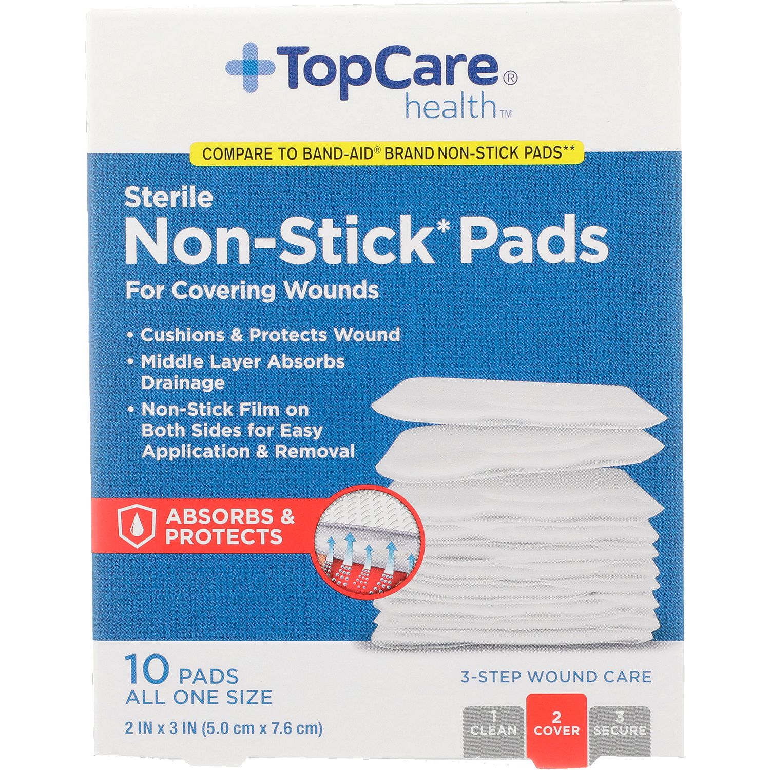 TopCare Non-Stick 2X3 Wound Covering Pads, 10 Count