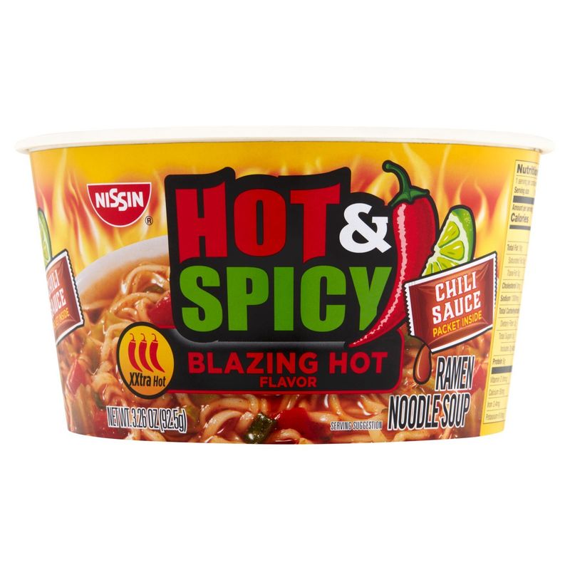 Nissin Hot &amp; Spicy Blazing Hot Flavor Ramen Noodle Soup, 3.26 oz