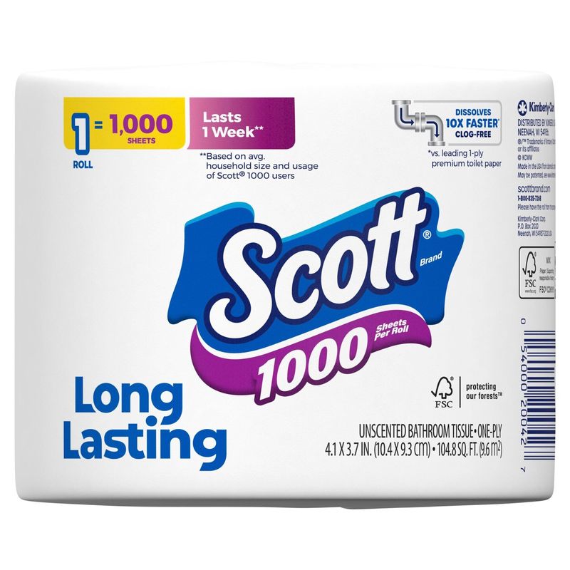 Scott 1000 Long Lasting Unscented Bathroom Tissue, one-ply, 1 count