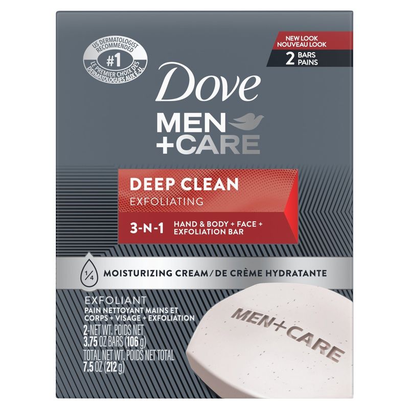 Dove Men+Care Deep Clean Exfoliating Hand &amp; Body + Face + Shave Bar, 106 g, 2 count