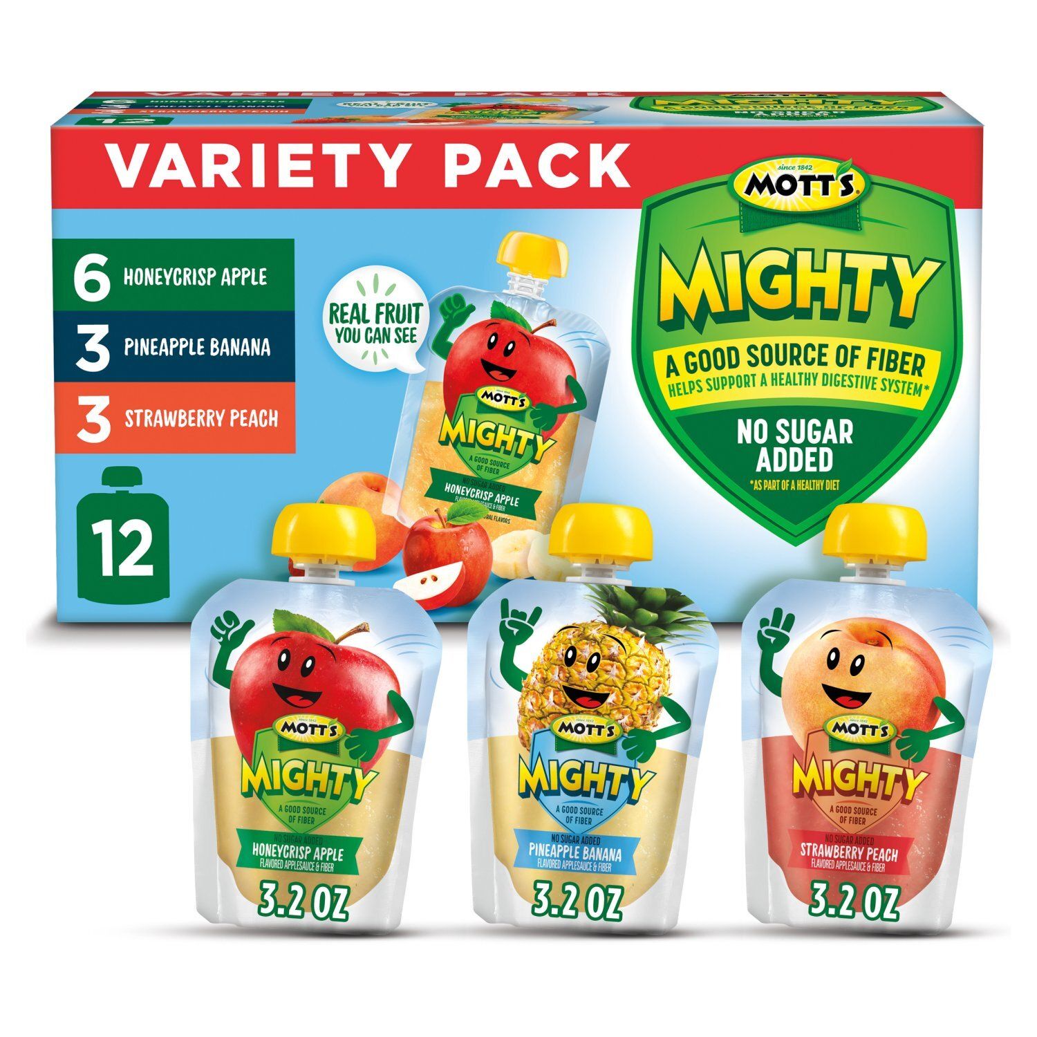 Mott's Mighty No Sugar Added Applesauce &amp; Fiber Variety Pack, 3.2 oz, 12 count