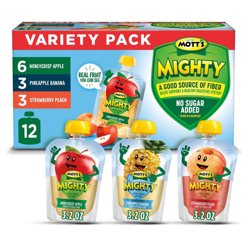 Mott's Mighty No Sugar Added Applesauce &amp; Fiber Variety Pack, 3.2 oz, 12 count