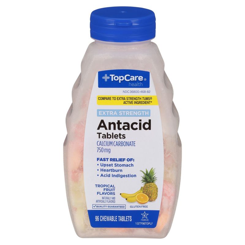 TopCare Health Extra Strength Tropical Fruit Flavors Antacid Chewable Tablets, 96 count