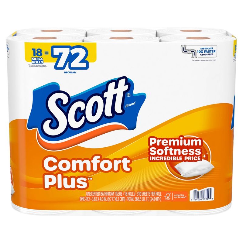 Scott Comfort Plus Unscented Bathroom Tissue, 18 count