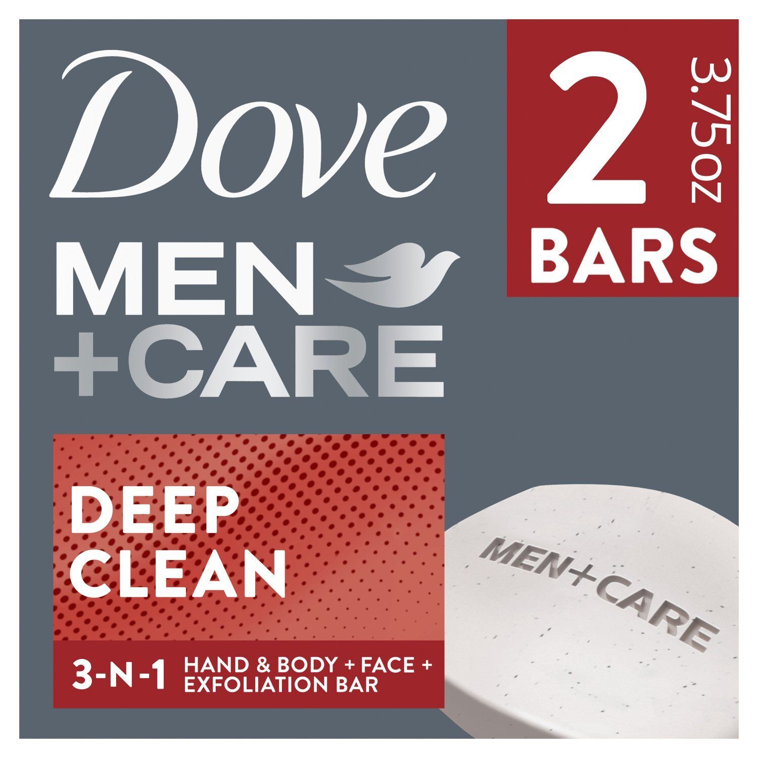 Dove Men+Care Deep Clean Exfoliating Hand &amp; Body + Face + Shave Bar, 106 g, 2 count