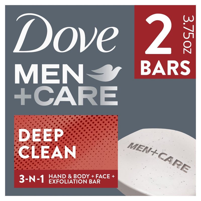 Dove Men+Care Deep Clean Exfoliating Hand &amp; Body + Face + Shave Bar, 106 g, 2 count