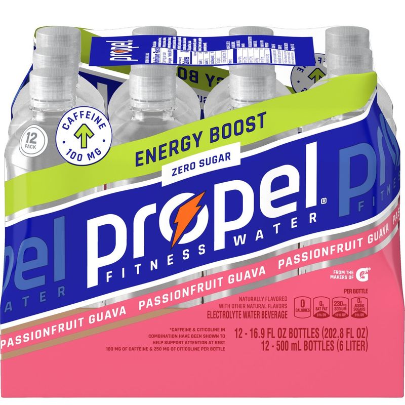 Propel Energy Boost Electrolyte Water Beverage Passionfruit Guava 16.9 Fl Oz, 12 Count