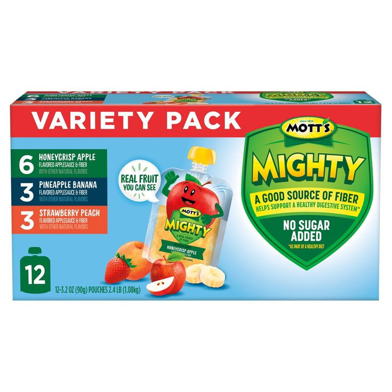 Mott's Mighty No Sugar Added Applesauce &amp; Fiber Variety Pack, 3.2 oz, 12 count