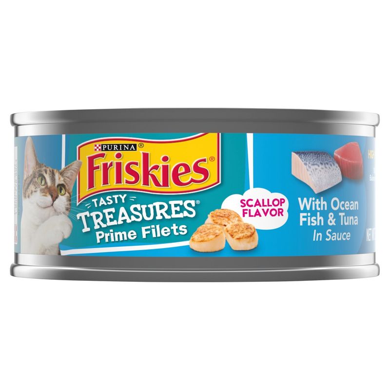 Purina Friskies Tasty Treasures Scallop Flavor with Ocean Fish &amp; Tuna in Sauce Cat Food, 5.5 oz