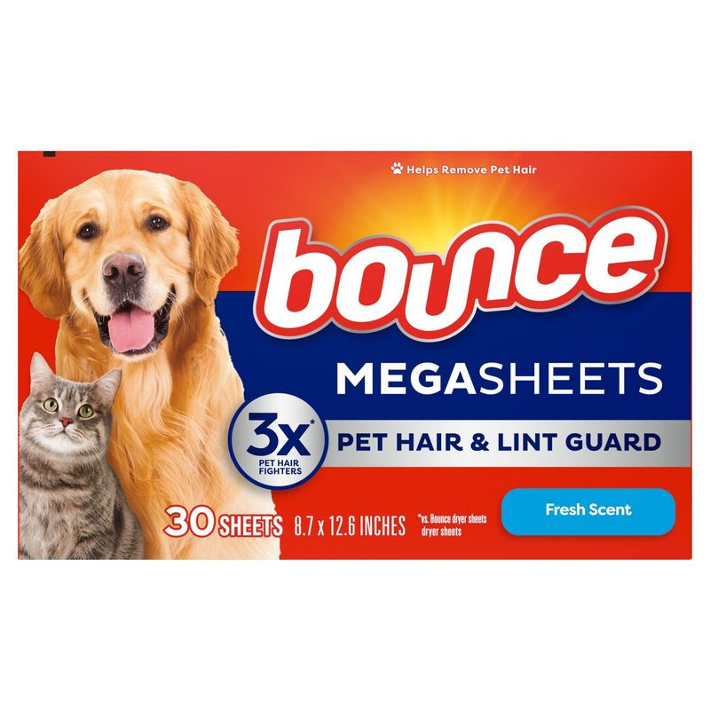 Bounce Pet Hair and Lint Guard Mega Dryer Sheets with 3X Pet Hair Fighters, Fresh Scent, 30 Count