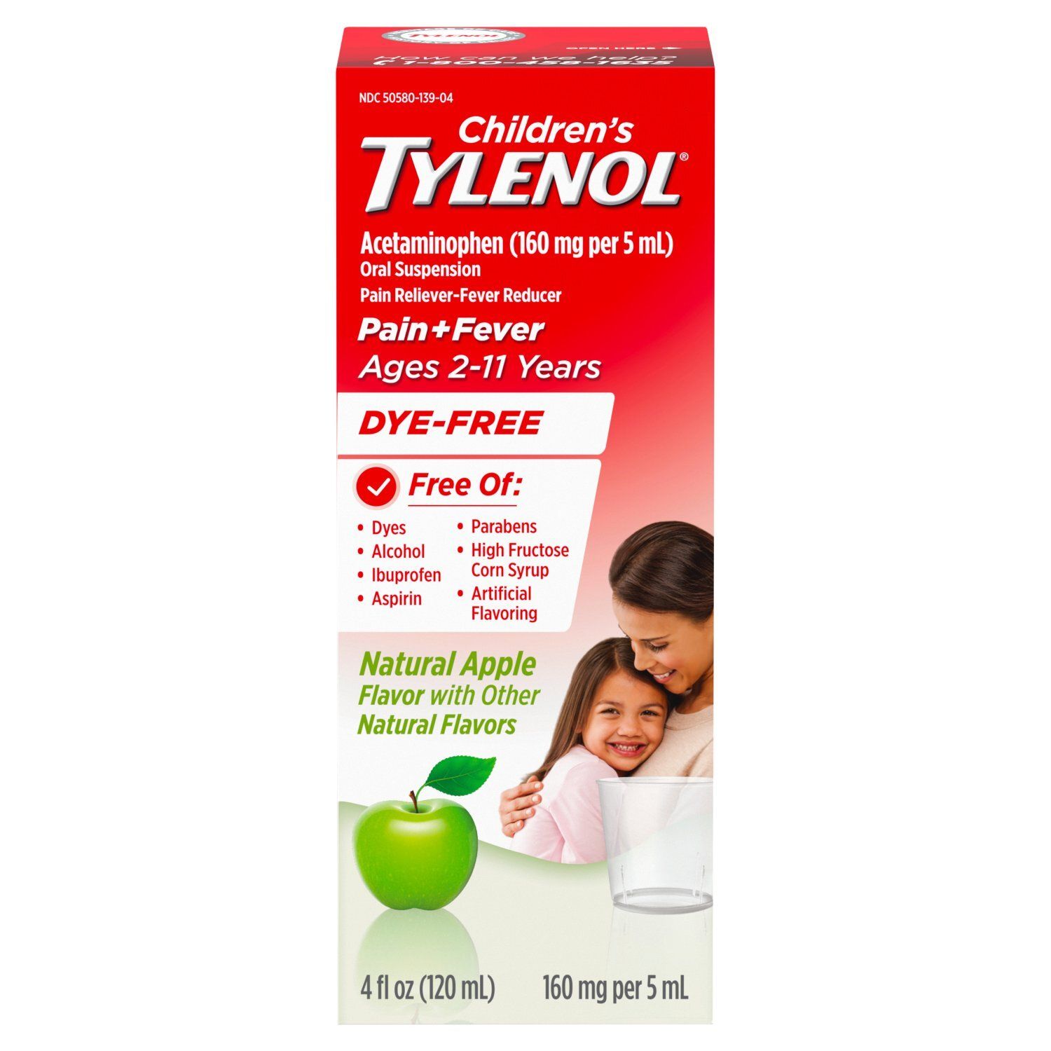 Tylenol Children's Natural Apple Flavor Pain+Fever Oral Suspension, Age 2-11 Years, 4 fl oz