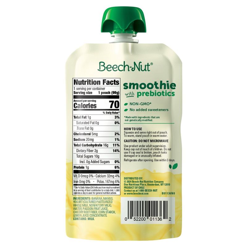 Beech-Nut Smoothie with Prebiotics Fruit Whole Milk Yogurt Blend Baby Food, Toddlers 12+ Months, 3.5