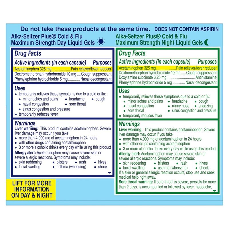 Alka-Seltzer Plus Maximum Strength Cold &amp; Flu Day + Night Liquid Filled Capsules, 20 count