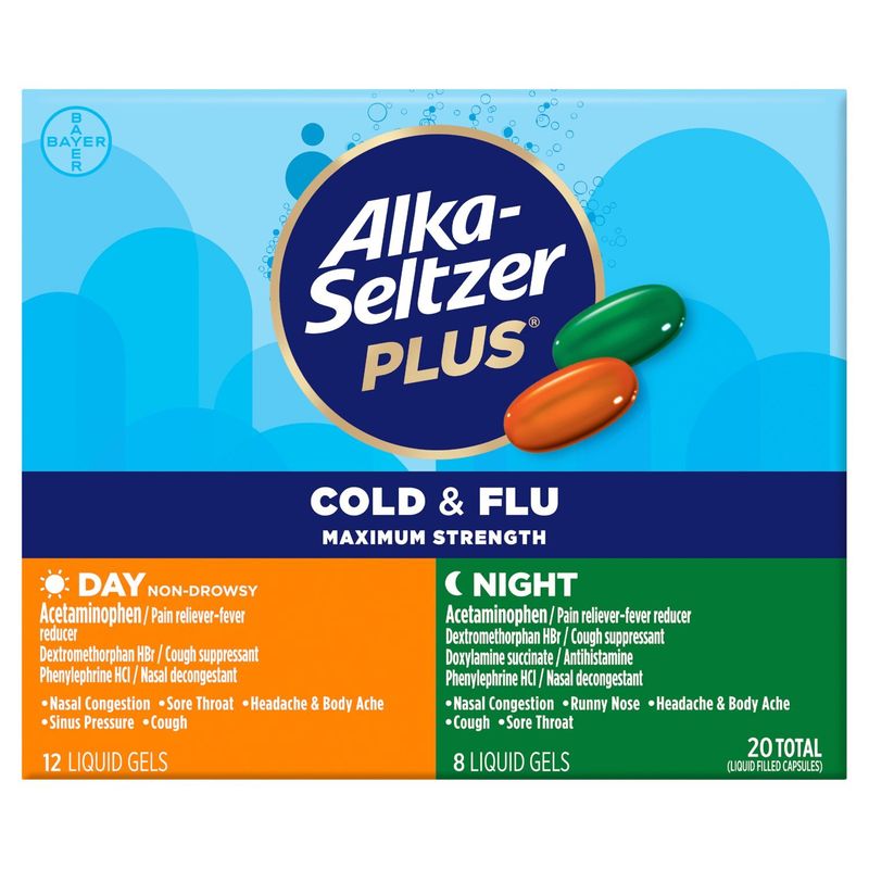 Alka-Seltzer Plus Maximum Strength Cold &amp; Flu Day + Night Liquid Filled Capsules, 20 count