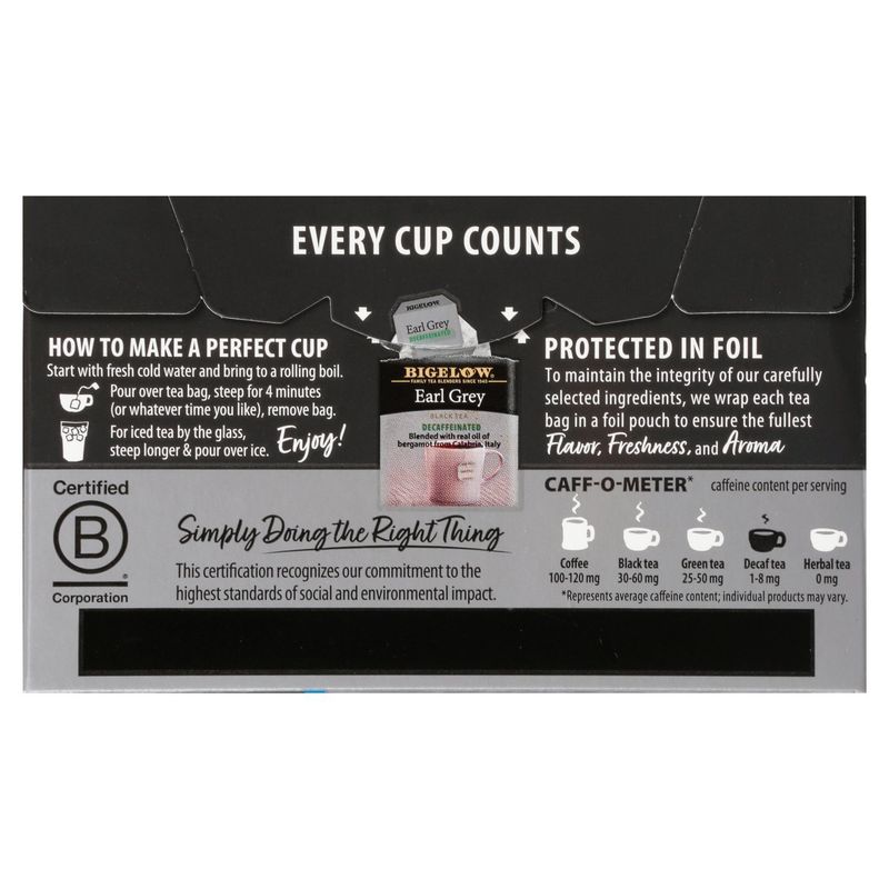 Bigelow Earl Grey Decaffeinated Black Tea Bags, 20 count, 1.18g
