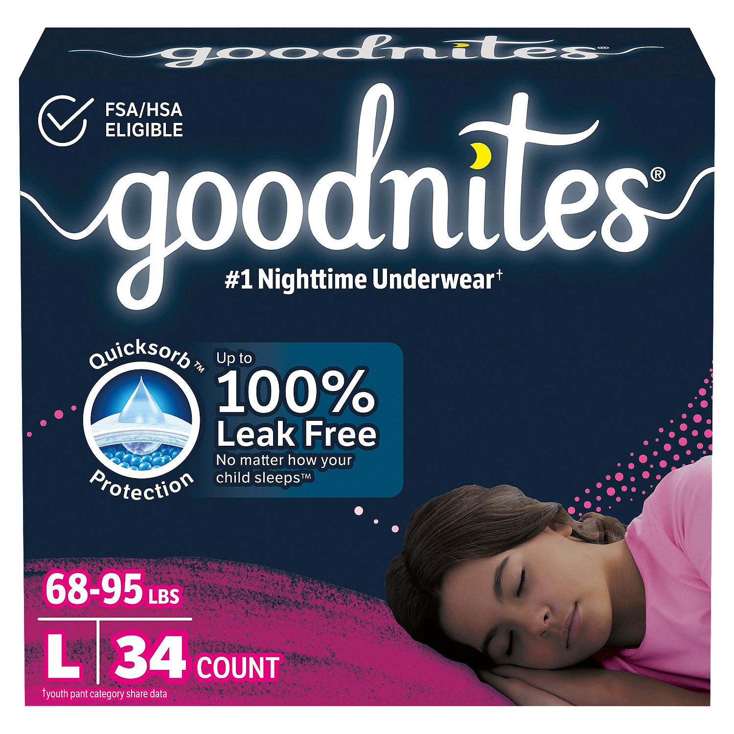 Goodnites Girls Nighttime Underwear, Sizes 10-12, L, 68-95 lbs, 34 count
