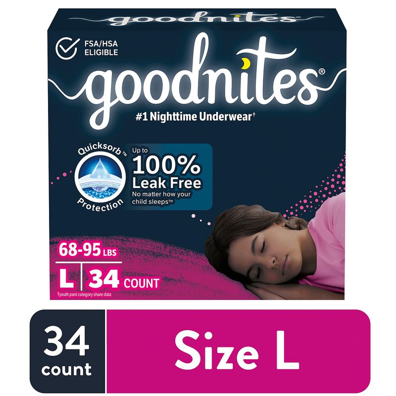Goodnites Girls Nighttime Underwear, Sizes 10-12, L, 68-95 lbs, 34 count