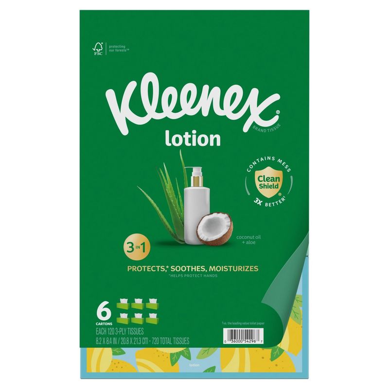 Kleenex Lotion 3 in 1 Coconut Oil + Aloe Tissues, 120 3-ply, 6 count