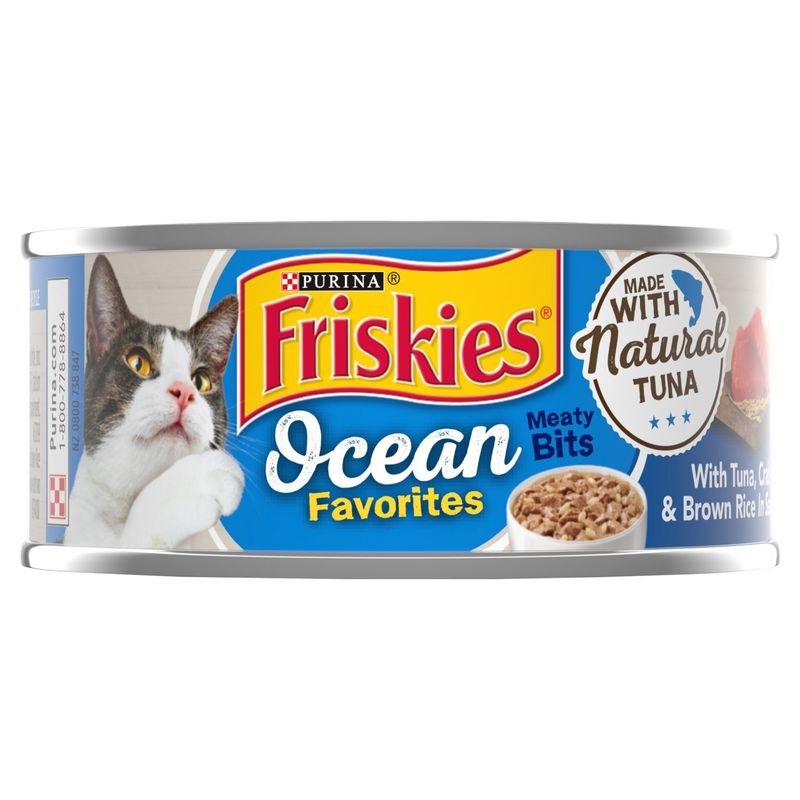 Purina Friskies Ocean Favorites Meaty Bits with Tuna, Crab &amp; Brown Rice in Sauce Cat Food, 5.5 oz