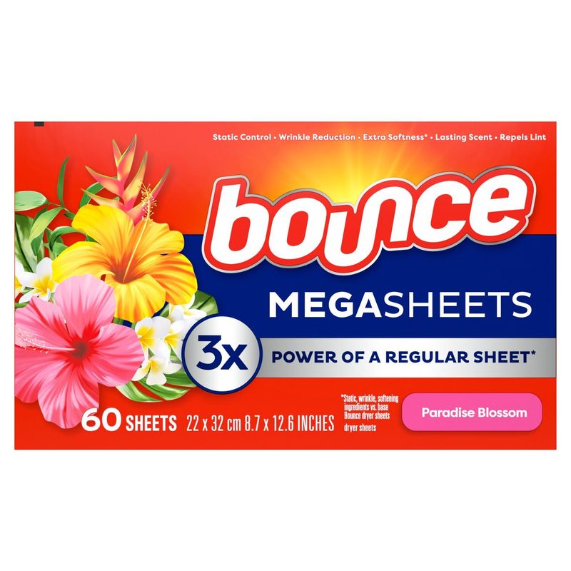 Bounce Mega Dryer Sheets, Paradise Blossom, 60 Count, Mega Fabric Softener Sheets with Static Contr
