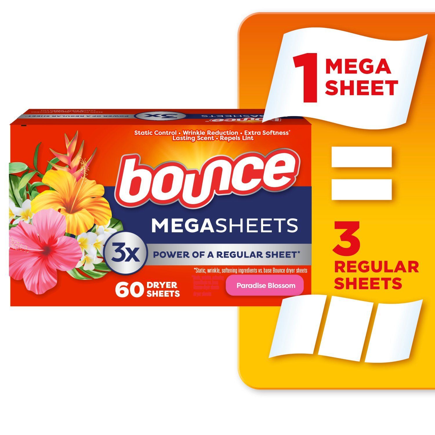 Bounce Mega Dryer Sheets, Paradise Blossom, 60 Count, Mega Fabric Softener Sheets with Static Contr