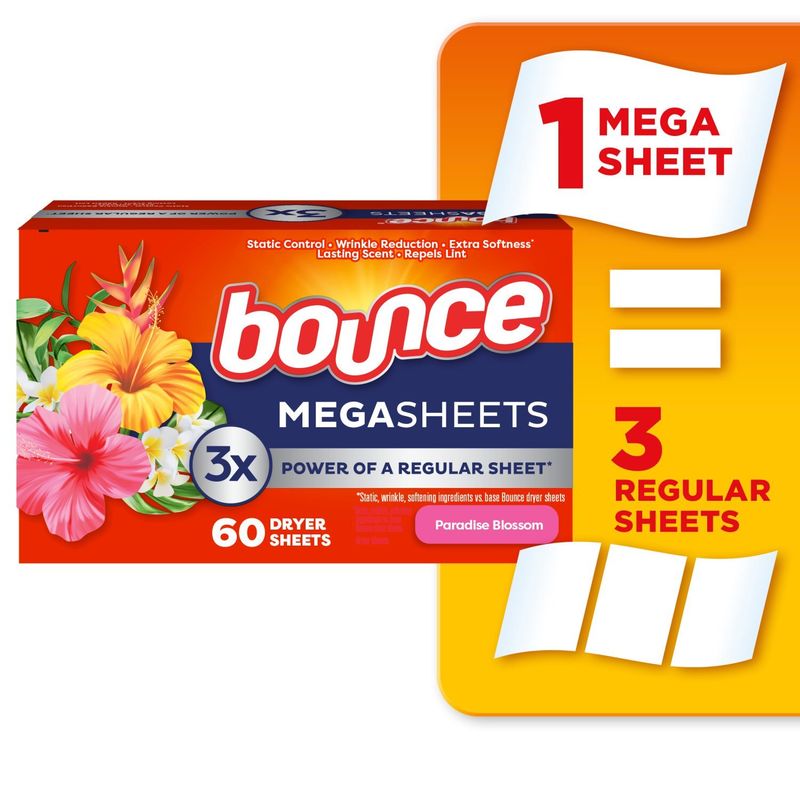 Bounce Mega Dryer Sheets, Paradise Blossom, 60 Count, Mega Fabric Softener Sheets with Static Contr