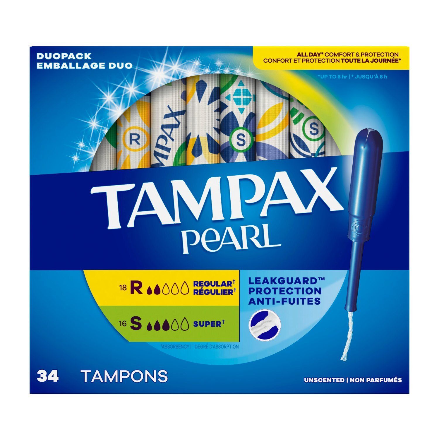 TAMPAX Pearl Regular &amp; Super Absorbency Unscented Tampons Duopack, 34 count