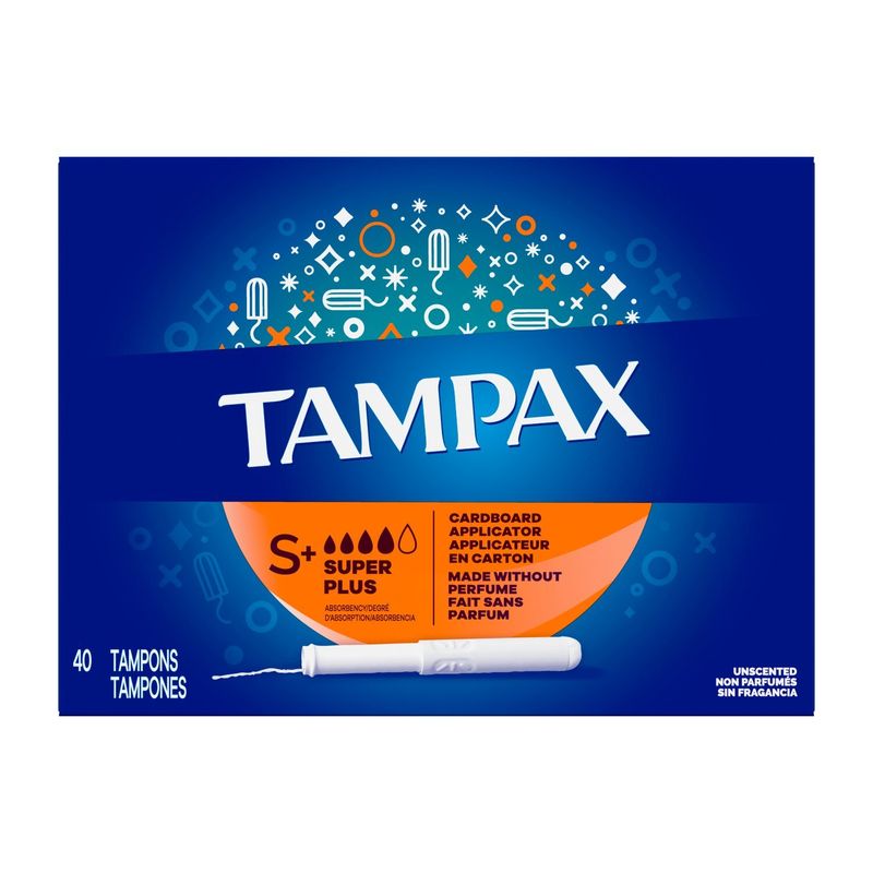 Tampax Cardboard Tampons Super Plus Absorbency, Anti-Slip Grip, LeakGuard Skirt, Unscented, 40 Coun