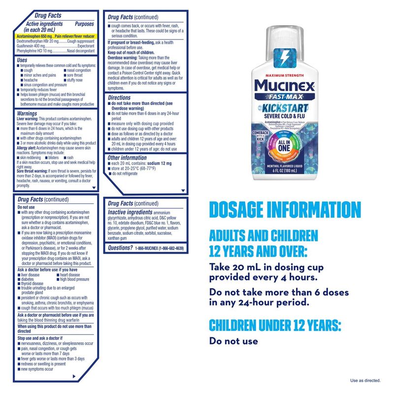 Mucinex Fast-Max Kickstart Severe Cold &amp; Flu Menthol Flavored Liquid, Ages 12+, 6 fl oz