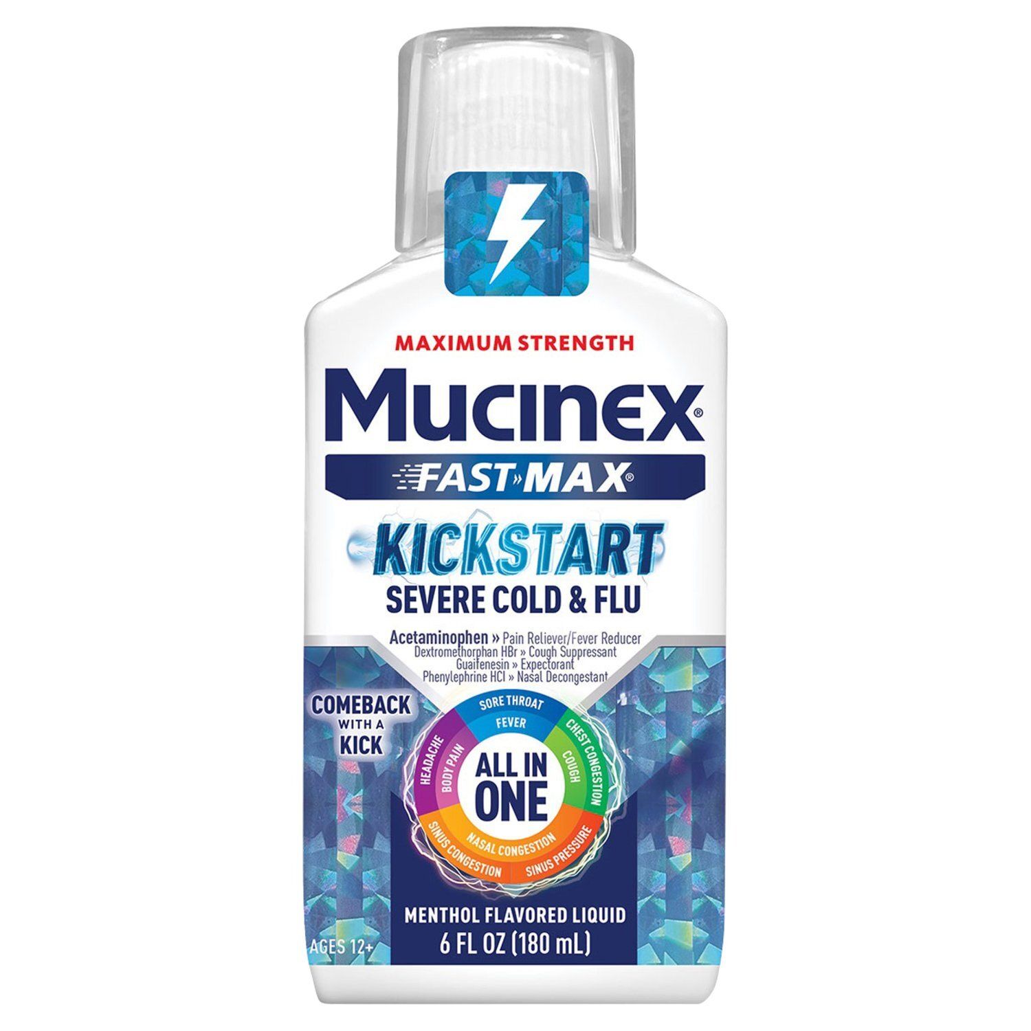 Mucinex Fast-Max Kickstart Severe Cold &amp; Flu Menthol Flavored Liquid, Ages 12+, 6 fl oz
