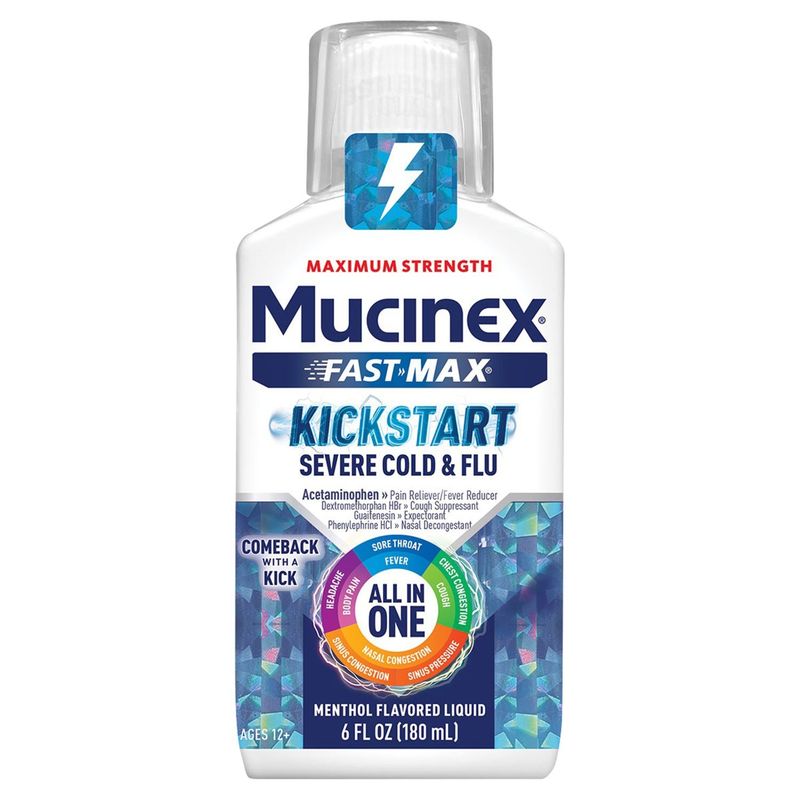 Mucinex Fast-Max Kickstart Severe Cold &amp; Flu Menthol Flavored Liquid, Ages 12+, 6 fl oz